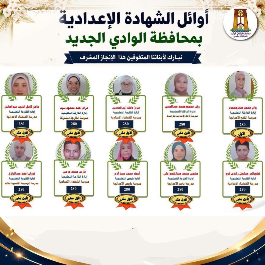 أوائل الشاهدة الإعدادية بالوادي الجديد 2026