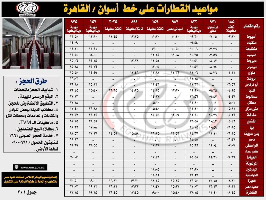 موعد القطارات اليوم الوجه القبلي خط أسوان - القاهرة