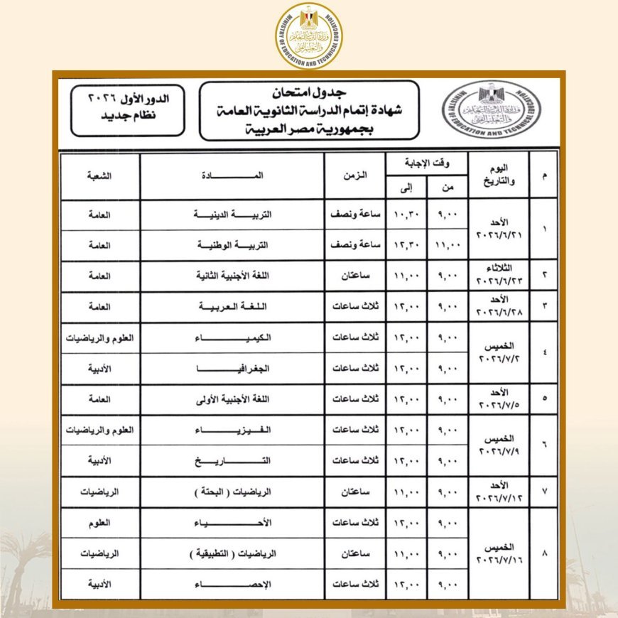 جدول امتحانات الثانوية العامة 2026