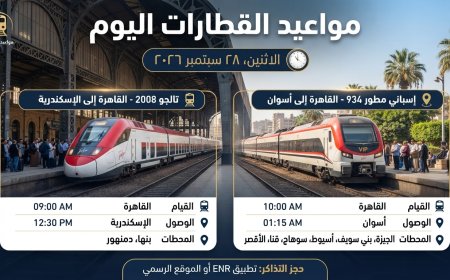 قبل ما تتحرك.. مواعيد القطارات اليوم الاثنين 28 سبتمبر 2026 على خطوط القاهرة والإسكندرية